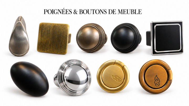Collection de poignées et boutons de meuble : goutte argentée, carré doré, boutons ronds champagne, noir et chromé, bouton ovale noir, anneaux doré et bronze