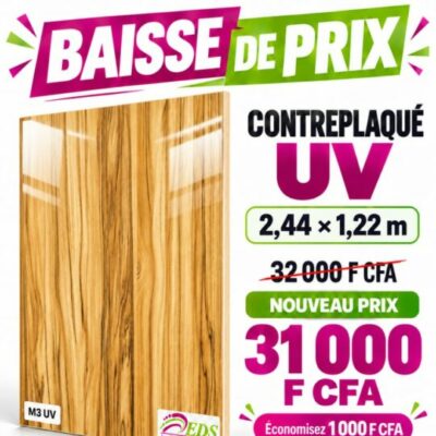 Promo Contreplaqué UV M3 bois clair veiné : 31 000 F CFA au lieu de 32 000 F CFA – EDS