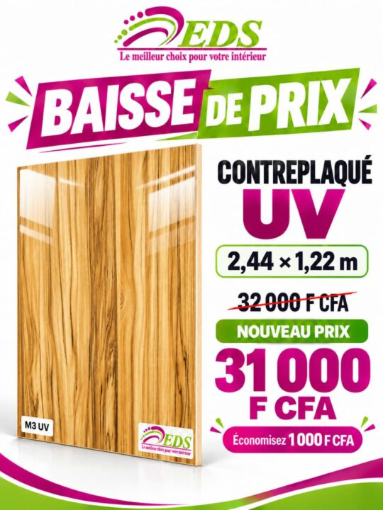 Promo Contreplaqué UV M3 bois clair veiné : 31 000 F CFA au lieu de 32 000 F CFA – EDS