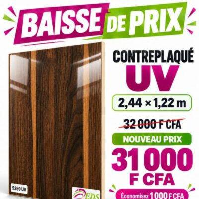 Promo Contreplaqué UV 9259 bois foncé : 31 000 F CFA au lieu de 32 000 F CFA – EDS