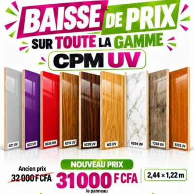 Promo Contreplaqué UV 2,44 x 1,22 m : toute la gamme : 31 000 F CFA au lieu de 32 000 F CFA – EDS