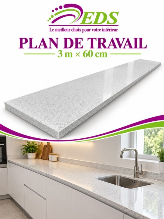 Plan de travail granit gris clair 3 m x 60 cm, posé dans une cuisine – EDS Sénégal
