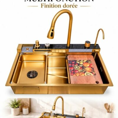 Évier de cuisine multifonction finition dorée avec robinet et planche à découper – EDS Sénégal