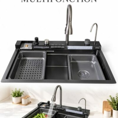 Évier de cuisine multifonction gris anthracite avec robinet et égouttoir – EDS Sénégal