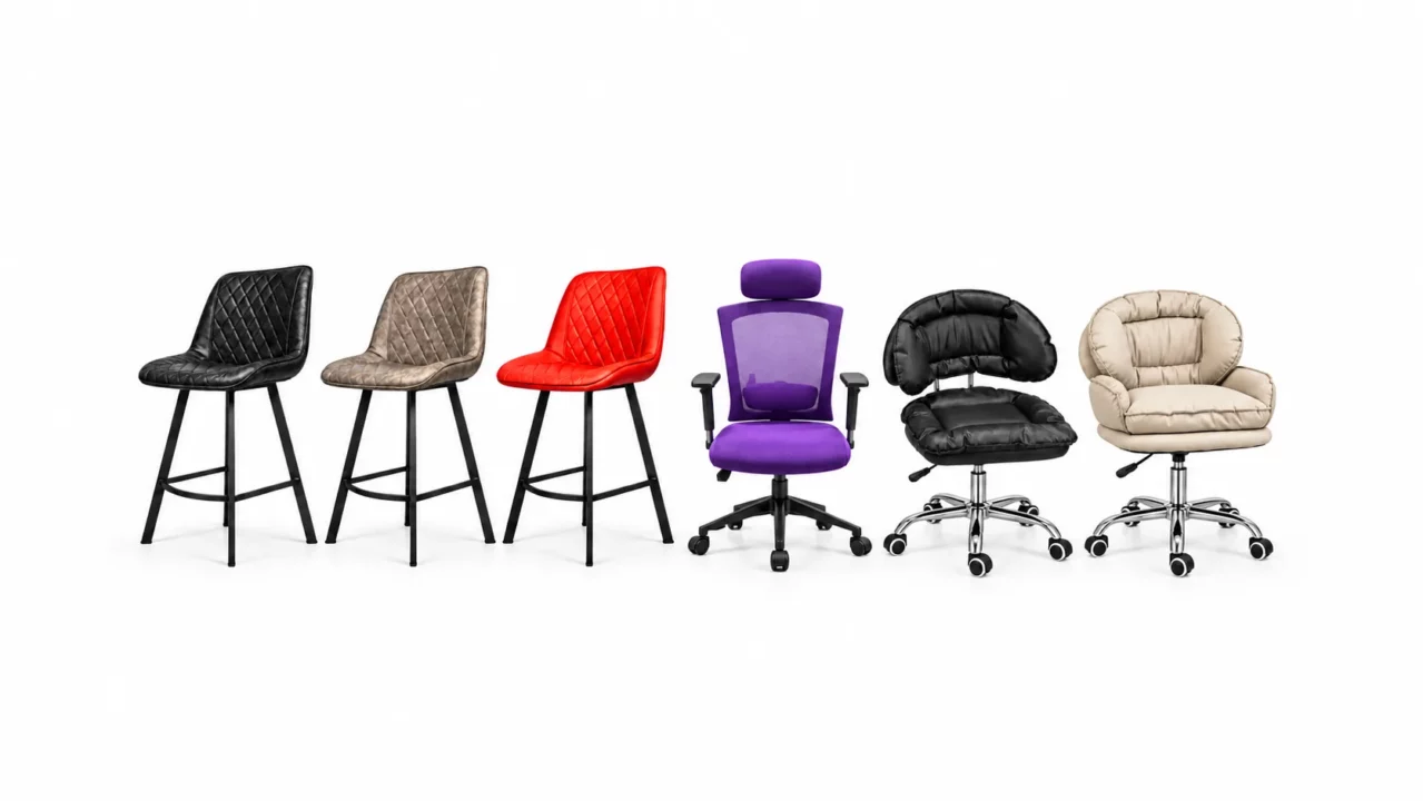 Chaises de bar matelassées noire, taupe et rouge, et chaises de bureau violette, noire et beige