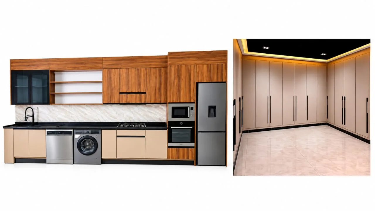 Cuisine équipée bois et beige et dressing sur mesure à portes beiges réalisés par EDS