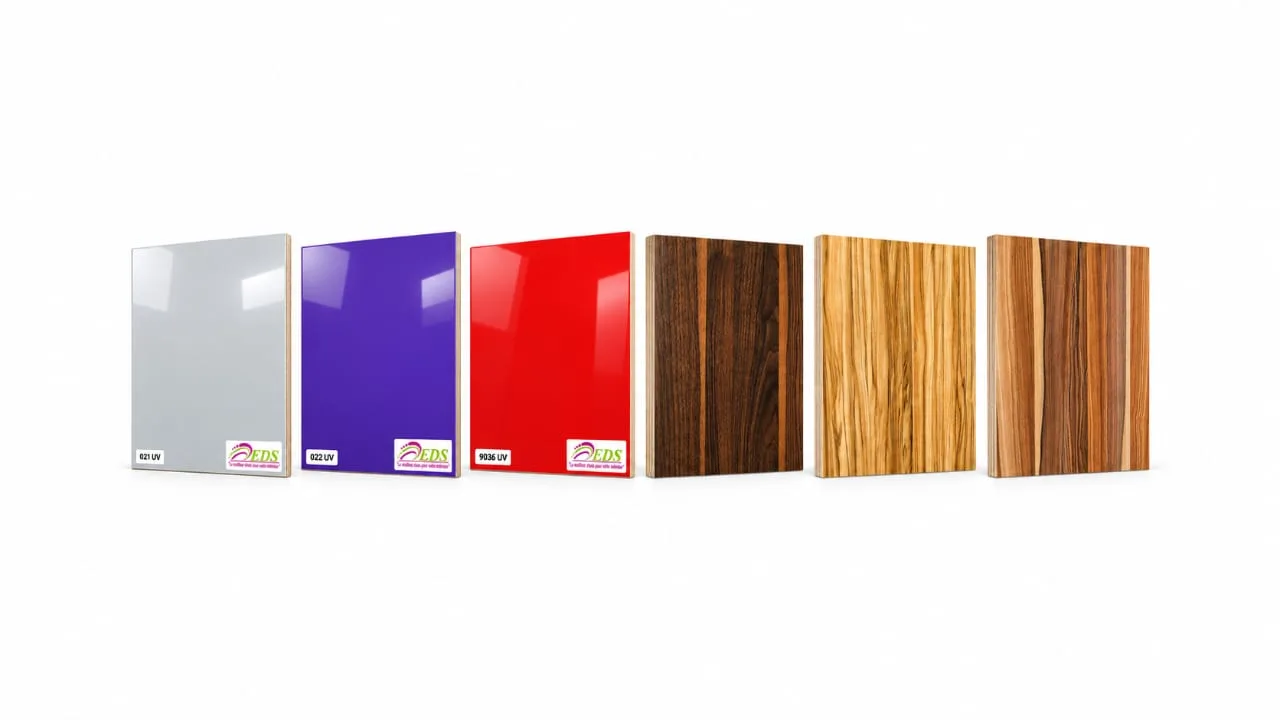 Panneaux mélaminés UV EDS 021 UV gris, 022 UV violet, 9036 UV rouge et trois finitions bois