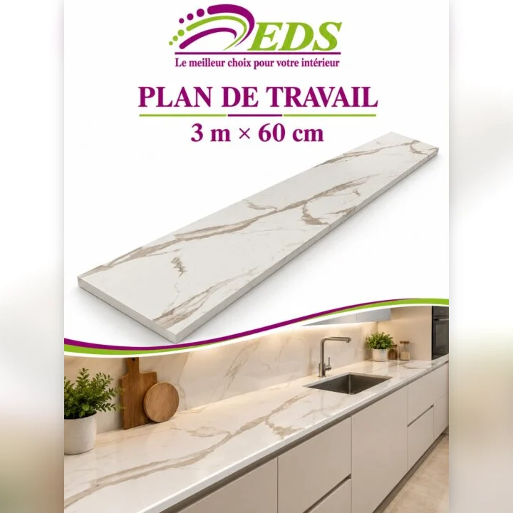 Plan de travail marbre blanc veiné doré 3 m x 60 cm – EDS Sénégal