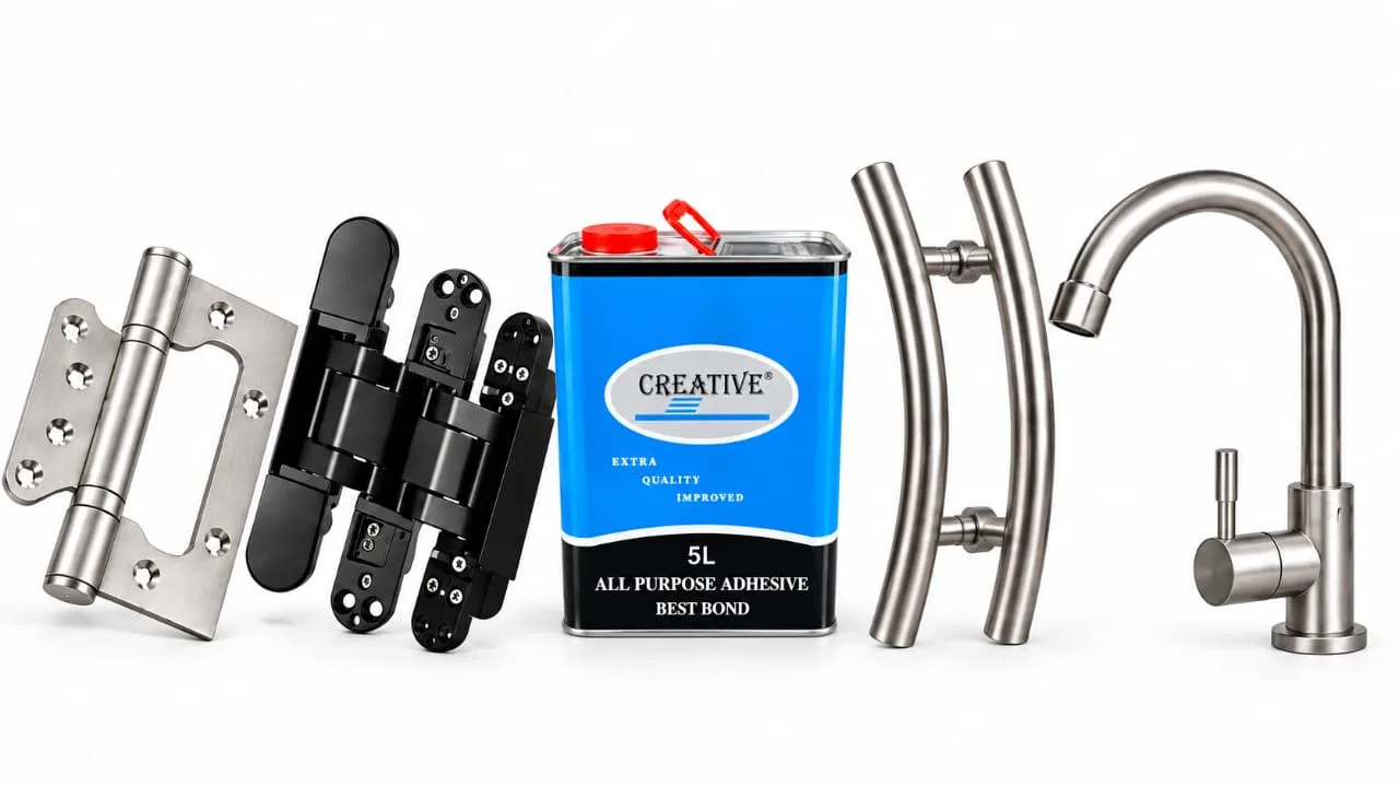 Quincaillerie Creative : paumelle inox, charnières invisibles noires, colle 5 L, poignée de porte inox et robinet